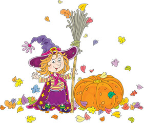 Fototapeta premium Happy little witch with her big hat, a magical flying broom and a large orange pumpkin among colorful autumn leaves whirling around, vector cartoon illustration on a white background