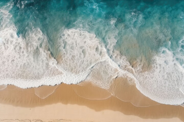 Coast with waves top view. Turquoise water and sandy beach. Summer seascape from air. Generative AI