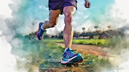 Fototapeta na wymiar Close up of runner's legs. Marathon runner. People activity. Design for sport. Generative AI. Illustration for brochure, cover, poster, presentation or banner.