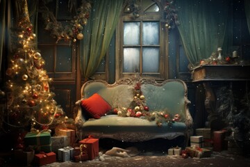 Fototapeta na wymiar A delightful scene of a home adorned with a beautifully decorated Christmas tree, surrounded by an abundance of festive gifts, creating a warm and joyful atmosphere that.... Generative AI