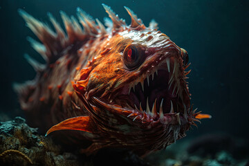 Fototapeta na wymiar Deep water fish at the bottom of the ocean. A scary fish with big teeth. Generative AI