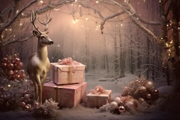 Festive reindeer with gifts: A delightful Christmas scene featuring a majestic reindeer standing proudly, accompanied by beautifully wrapped gifts, encapsulating the spirit of joy and Generative AI