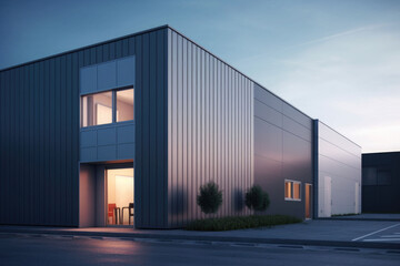 Fototapeta na wymiar Exterior of a warehouse with an office unit. Large industrial or commercial buildings. Generative AI