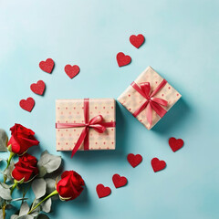Valentine's day background with gift boxes and red roses. Flat lay, top view, copy space