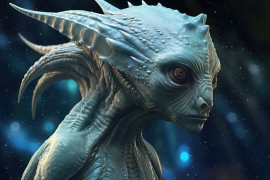 Fantasy portrait of an alien on a blue background. Generative AI