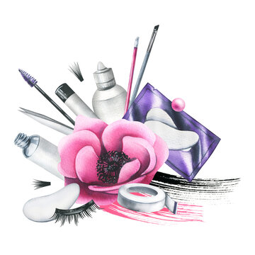 recommend clip art: Pink cosmetic beauty tools for eyelash extensions, with brushes, eyelash bundles, tweezers, patches. Watercolor illustration, hand drawn. Isolated composition on a white background