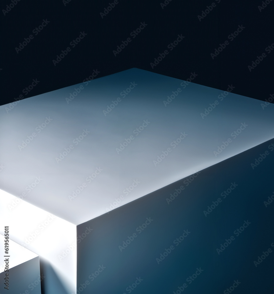 Poster creative mock concept. empty large empty textured cube blue podium abstract with natural shadow. ban