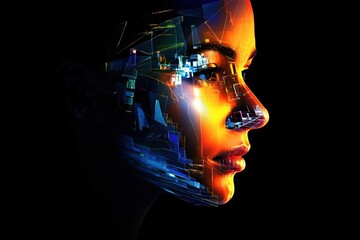 Concept of artificial intelligence. Human face. Background in technology and science style. Generative AI. Digital illustration for for banner, flyer, poster, cover, brochure or presentation.
