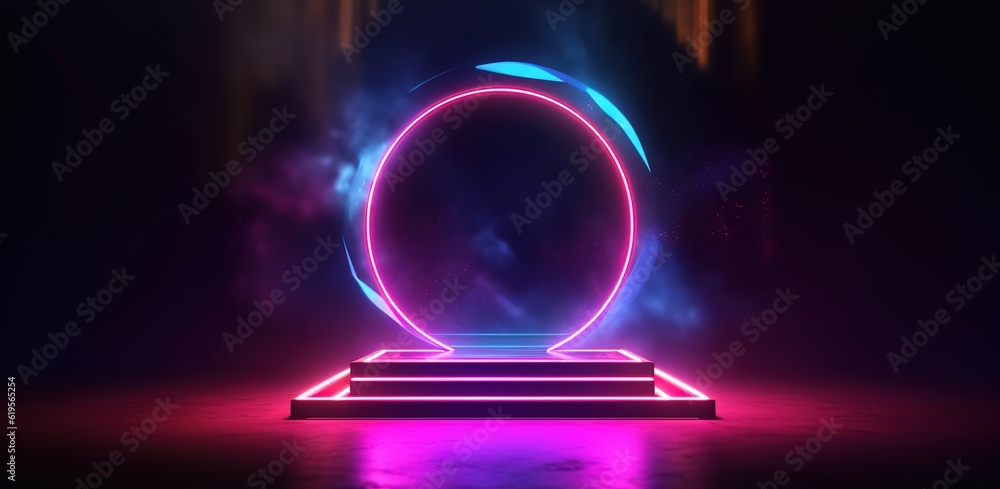 Sticker background with glowing lights. futuristic stage with neon light frame and podium. generative ai