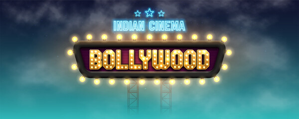 Bollywood indian cinema. Movie banner or poster with retro neon billboard. Vector illustration. - obrazy, fototapety, plakaty