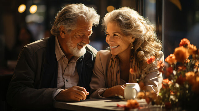 romantic couple cuddling and smiling, senior couple relaxing at restaurant, fictional persons created with generative ai 