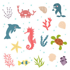 Set of different sea or ocean animals, seashells and seaweeds, vector for kids