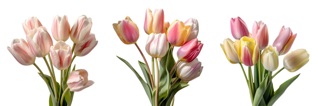 A collection of fresh natural pink tulip flowers bouquet set. Generative AI