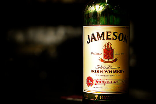 Lviv / Ukraine - 06.09.2020: Banner of a large bottle of Irish whiskey Jameson 700 ml with space for text, from close range, no people.