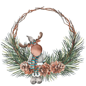 Watercolor Christmas cartoon moose on pine demi wreath. Hand painted illustration isolated on white background.
