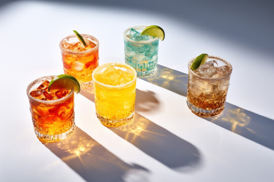Beautiful mexican margarita cocktails, sitting on a marble bar top, with tajin salted rims and garnishes. Colorful drinks with dramatic shadows and lighting.