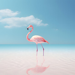 A beautiful pink flamingo is standing in the sea. Reflection in water. Blue sky background