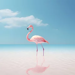 Fotobehang A beautiful pink flamingo is standing in the sea. Reflection in water. Blue sky background © Jelena
