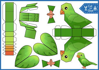 Kids paper craft template. Education game. Cut and glue a paper 3d parrot. DIY papercraft cutout puzzle toys. Activity worksheet for children. Create to bird for birthday decor. 