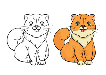 Coloring page with cartoon outline cat. Children education activity page. Paint coloring book. Vector drawing worksheet with cute pets animals.