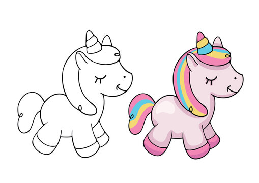 Coloring page of cute unicorn. Line drawing and color version of a cute cartoon horse. Children's educational game coloring book. Activity page for teaching drawing.
