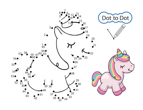 Kids art drawing game. Dot to dot game. Children activity education worksheet. Finish drawing image of cute unicorn. Drawn riddle by numbers. Vector illustration.