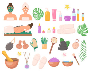 Vector beauty spa salon service icons set isolated on white. Woman in facial mask, gel eye patches, massage hot stone, jar cream, oil bottles. Skincare collection cosmetics products illustration.