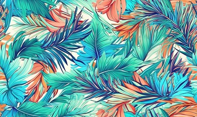 Naklejka na ściany i meble a tropical pattern with palm leaves and flowers on a white background. generative ai