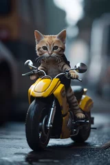 Foto auf Acrylglas Motorrad A cat on a motorcycle. Yellow motor in the city. Generative AI