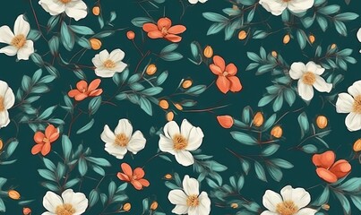  a floral pattern with orange, white and blue flowers on a green background.  generative ai