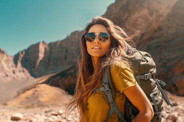 Portrait photo of a pretty young woman hiking on the mountain. Generative AI.