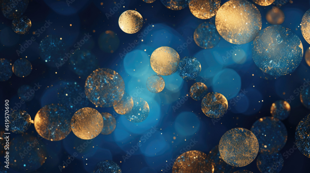 Poster background with abstract sparkles on blue background. golden glitter particles on dark background. a