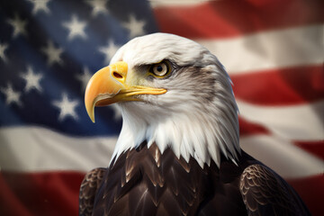 portrait of bald eagle as American symbol with US flag in the background, AI generated