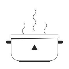 Steel pot with boiling water flat monochrome isolated vector object. Kitchen utensil. Editable black and white line art drawing. Simple outline spot illustration for web graphic design