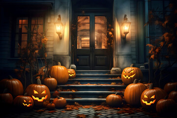 Front door decorated with carved pumpkins for halloween. Generative AI.