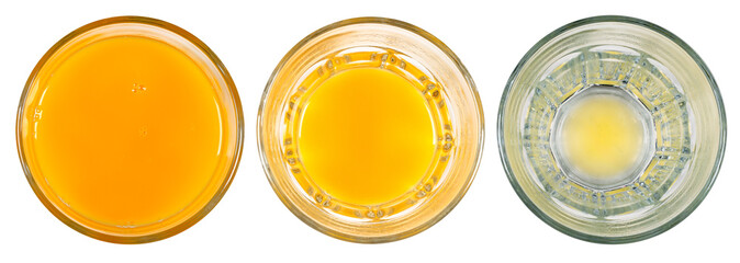 Three glasses with orange juice on an isolated background.
