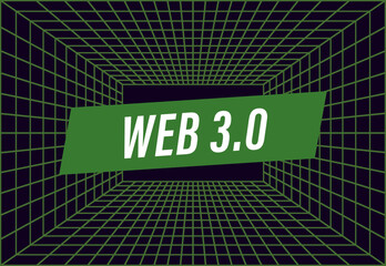 Web 3.0 text on grid cyber future concept banner background template. Vector in 3d style. Grid room in perspective. Indoor wireframe from purple laser beam. Abstract geometric. Vector illustration