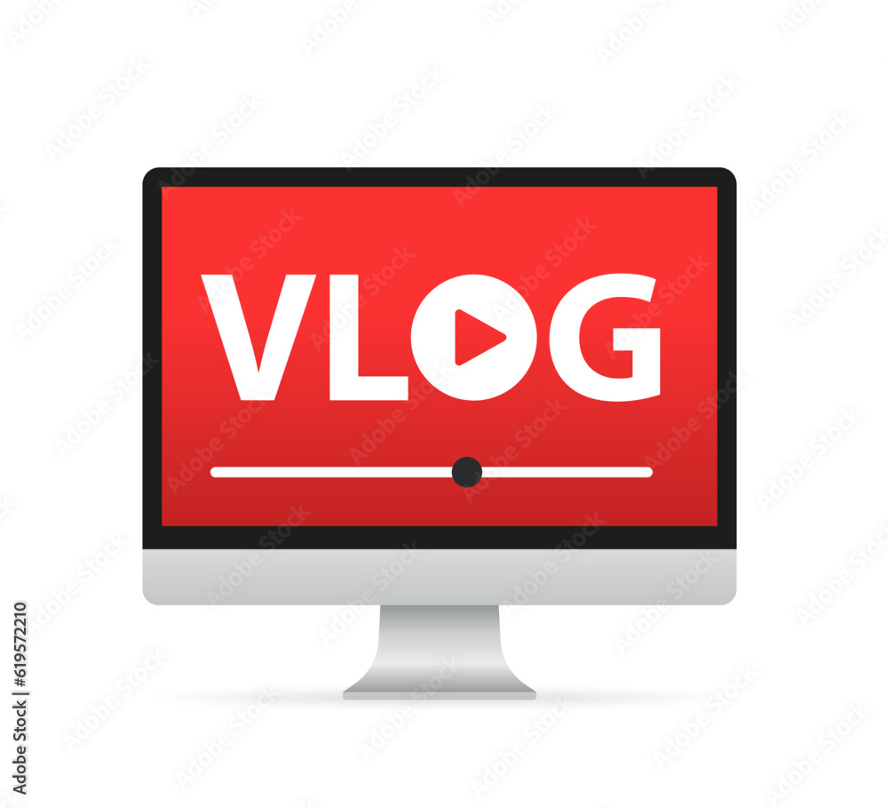 Poster computer screen with video player interface. vlog video blogging concept logo streaming symbol recor