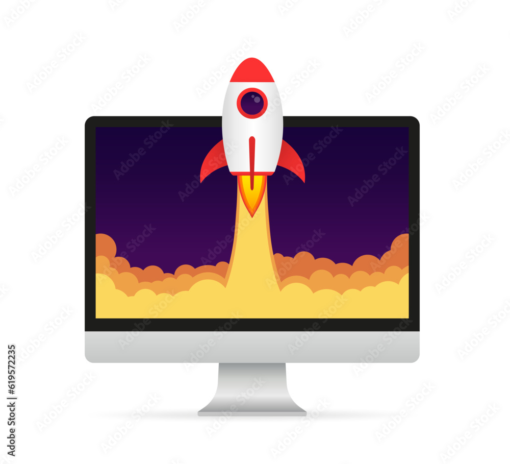 Poster rocket launch from computer screen. rocket taking off. business start up, launching new product. suc