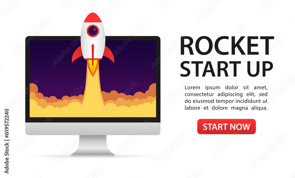 Poster Rocket launch from computer screen. Rocket taking off. Business Start up, Launching new product. Successful start up launch new business project. Creative or innovative idea. Vector illustration