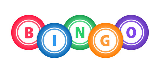 Bingo or Lottery Balls on Bingo Cards. Slogan bingo for lottery and balls. Game of chance to win for young and old. Cartoon vector logo or symbol. Vector illustration