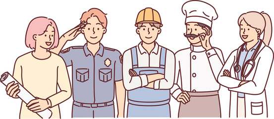 People of different professions stand together next to service uniforms for labor day banner