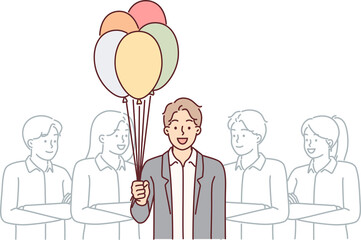 Business man with balloons stands near colleagues congratulating boss on birthday