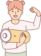Little energetic teenage girl with giant battery symbolizing fast restoration strength in children