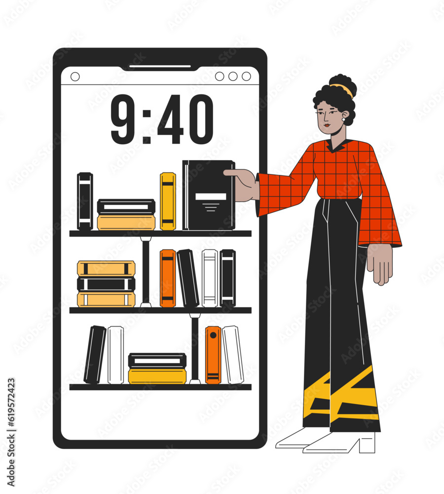 Aufkleber online library flat line concept vector spot illustration. student takes book from shelf 2d cartoon 