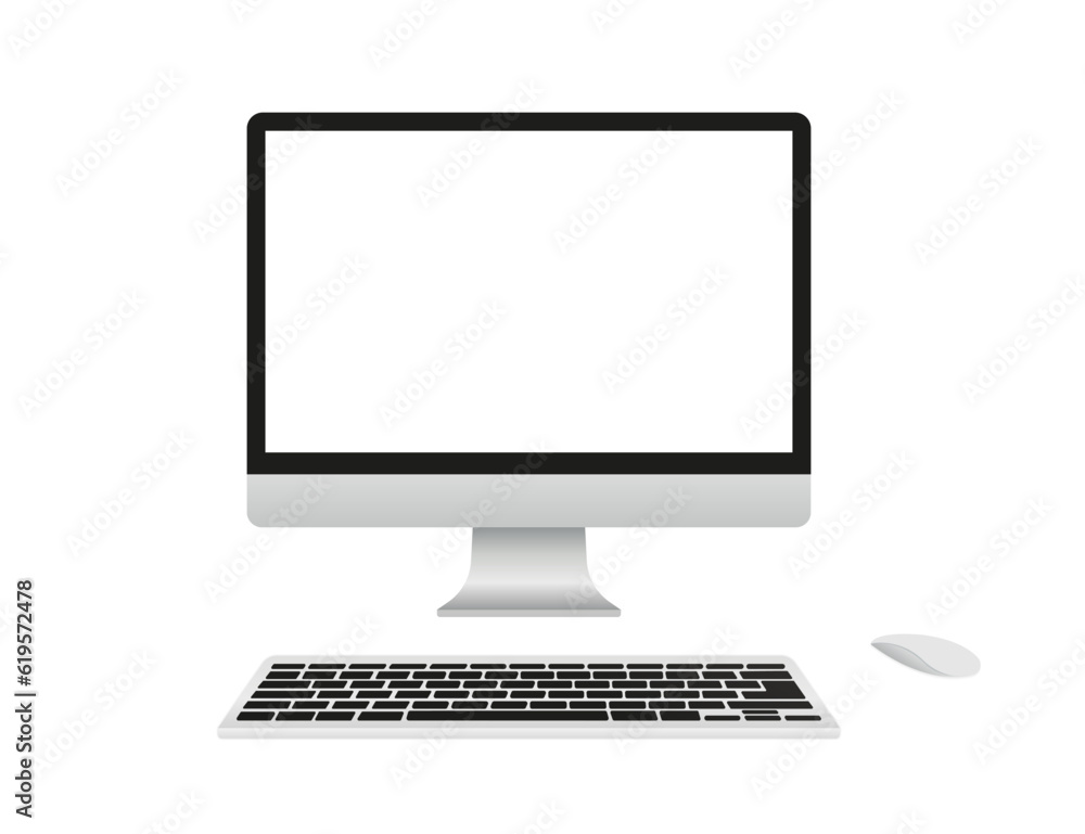 Poster vector monitor with keyboard and computer mouse. work desk from the top. technology communication ba
