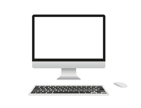 Vector monitor with keyboard and computer mouse. Work desk from the top. Technology communication background. Computer display with blank white screen top view. Vector illustration