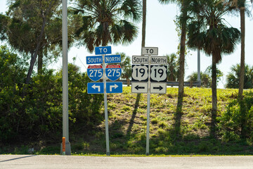 Blue direstional road sign indicating direction to I-275 freeway interstate highway serving the...
