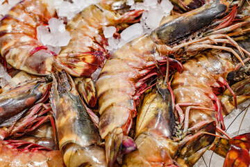 Prawns raw fresh on ice at fish market, selective focus