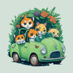 Cute animals in a green car. African animals vector illustration